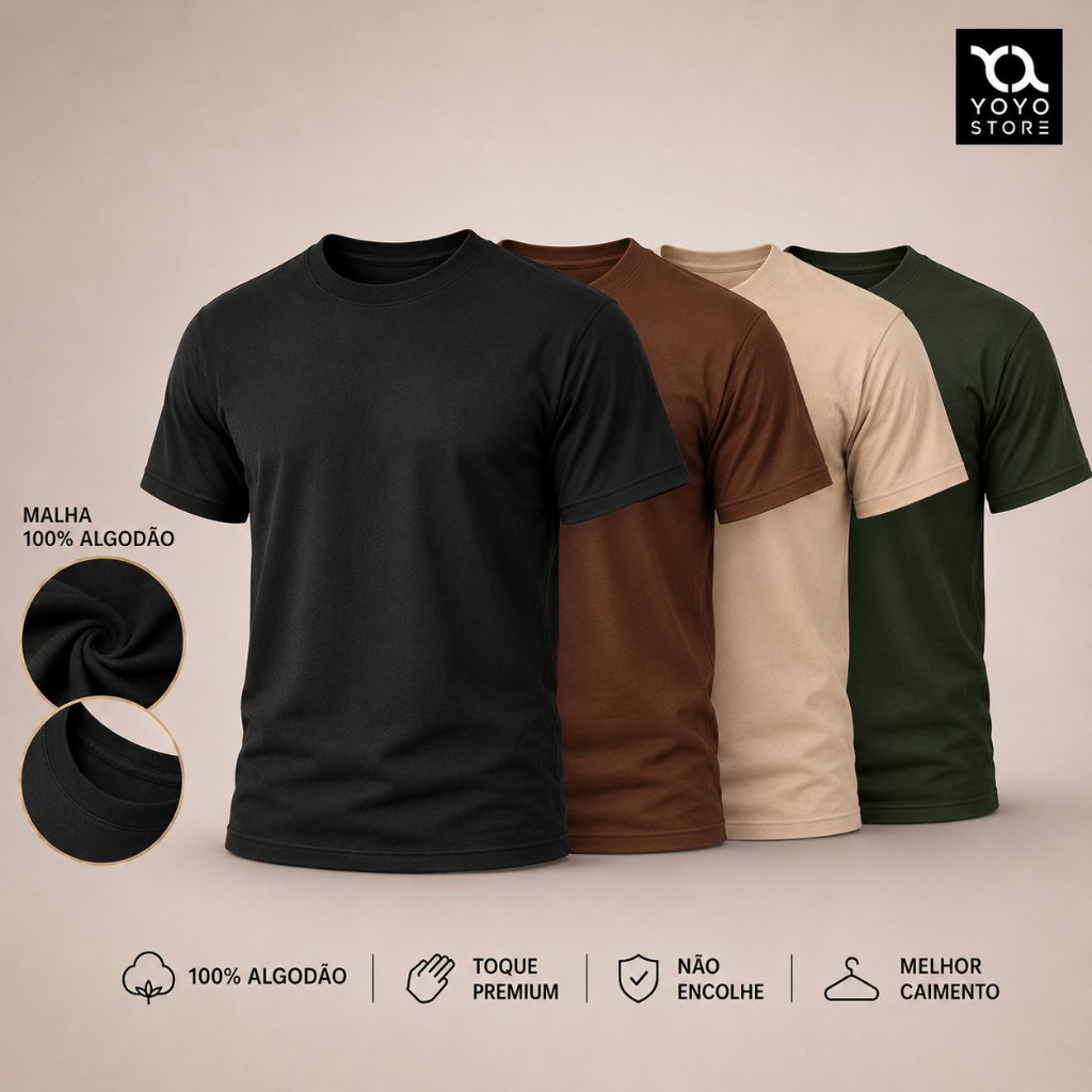 Kit 4 Camiseta Dia a Dia 100% Algodão Básica Premium Varias Cores Lisa Confortável Macia Leve Respirável P ao G3