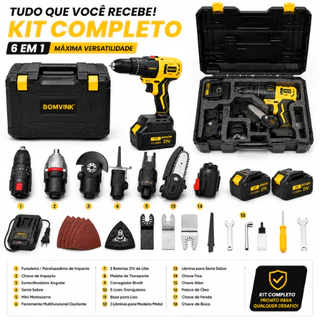 Kit Ferramentas 6 em 1 21V com 2 Baterias Furadeira Chave Impacto Esmerilhadeira Serra Sabre Motosserra