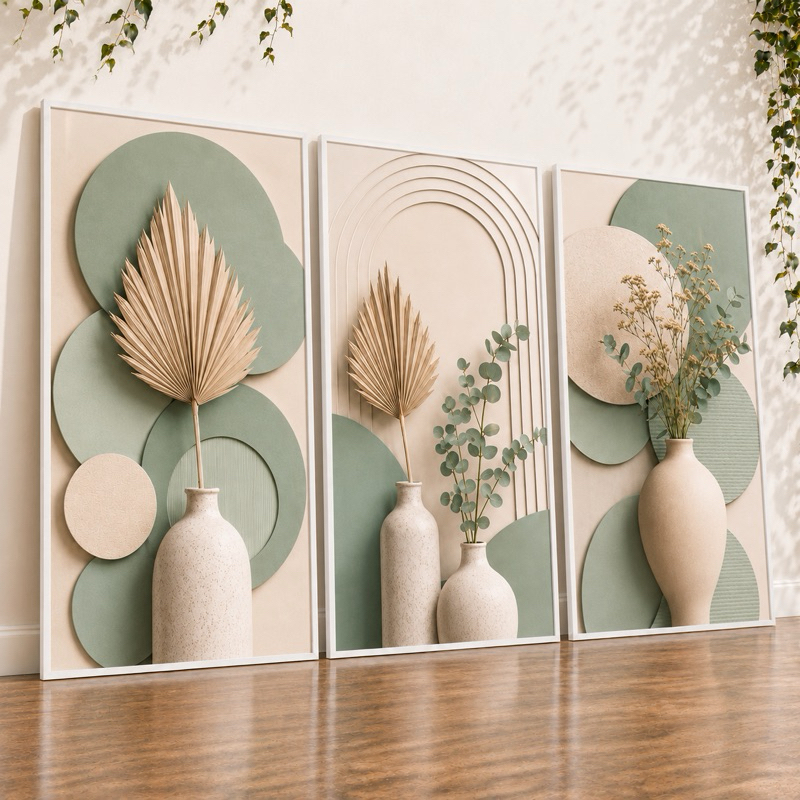 Quadros Decorativos Trio Boho Tons de Verde Sálvia Bege Minimalista Sala Hall