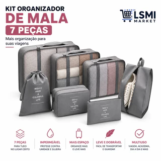 Kit Organizador de Mala 7 Peças para Viagem Roupas Sapatos Acessórios Bagagem Nylon Resistente Dobrável Zíper Reforçado