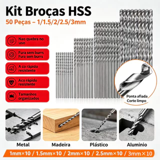 Conjunto Brocas 50 Peças HSS 1mm‑3mm Ideal para Perfurar Metal, Madeira, Plástico e PVC