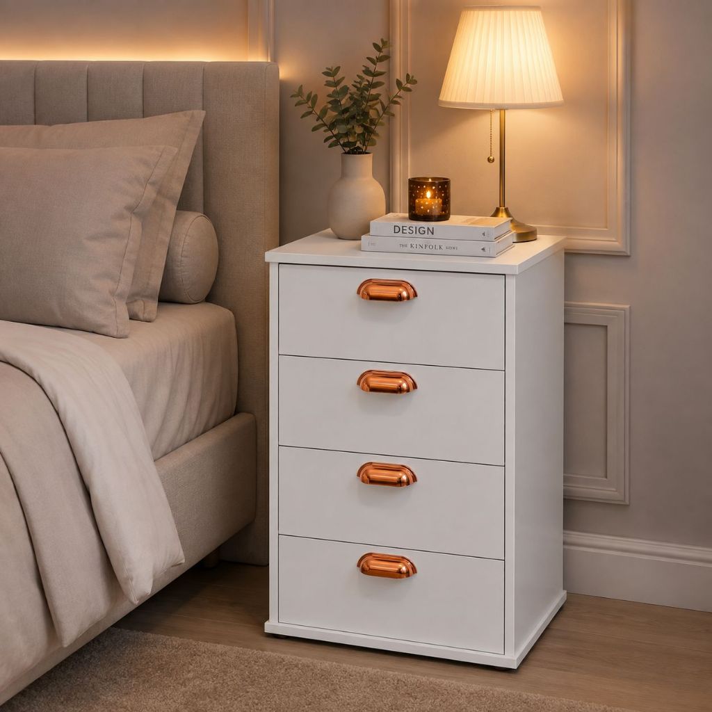 mesa de cabeceira ambar com 4 gavetas multiuso organizador cores variadas para quarto sala recepção escritorio