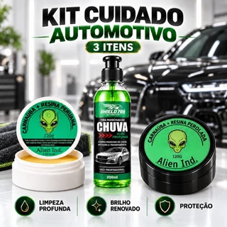 Kit Limpeza Automotiva Cera Alien Lataria Plástico + Tira Mancha de Chuva 3 em 1 - Cuidado Completo
