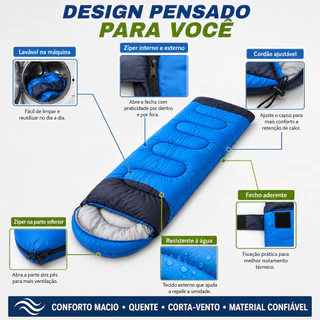 Saco de Dormir Térmico Impermeável 2,2m com Capuz Kit Completo com Acessórios e Bolsa para Camping