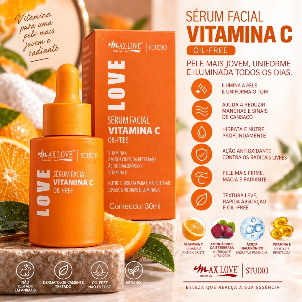 KIT 04 Serum Facial MAX LOVE 30ml: Clareador de Pele + Vitamina C
