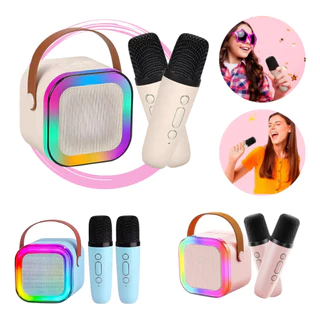 Caixa De Som Karaoke K12 Mini Bluetooth com 1, 2 ou Sem Microfones - Luzes RGB