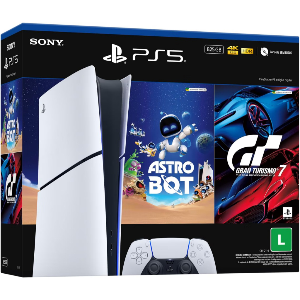 Console PS5 Slim 825GB Digital Edition + 2 Jogos - AstroBot + Gran Turismo 7 - 2114B