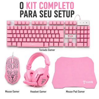 Kit Gamer Rosa para Meninas 4 em 1 CLANM Teclado ABNT2 Mouse 3600 DPI Headset Fone 50mm Mouse Pad LED Rainbow Premium