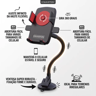 Suporte Veicular para Celular H'Maston CJ-13 Fixação Segura com Ventosa e Haste Firme Ajustável 360º