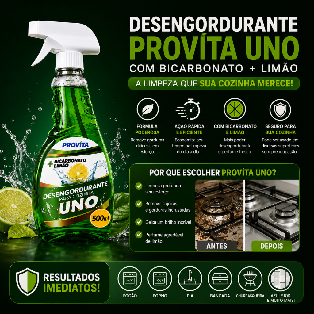 Desengordurante Uno Provita 500ml - Limpeza Cozinha Multiuso Espuma ...