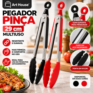 Pegador de Carne 29cm Inox com Ponta Nylon Resistente Multiuso para Salada Macarrão