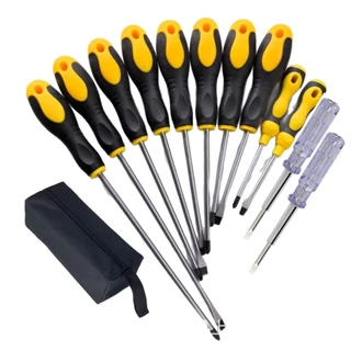 Kit Jogo Chave Fenda E Phillips 14 Peças com Cabo Emborrachado e Cabeças Magneticas Inclui testador de voltagem