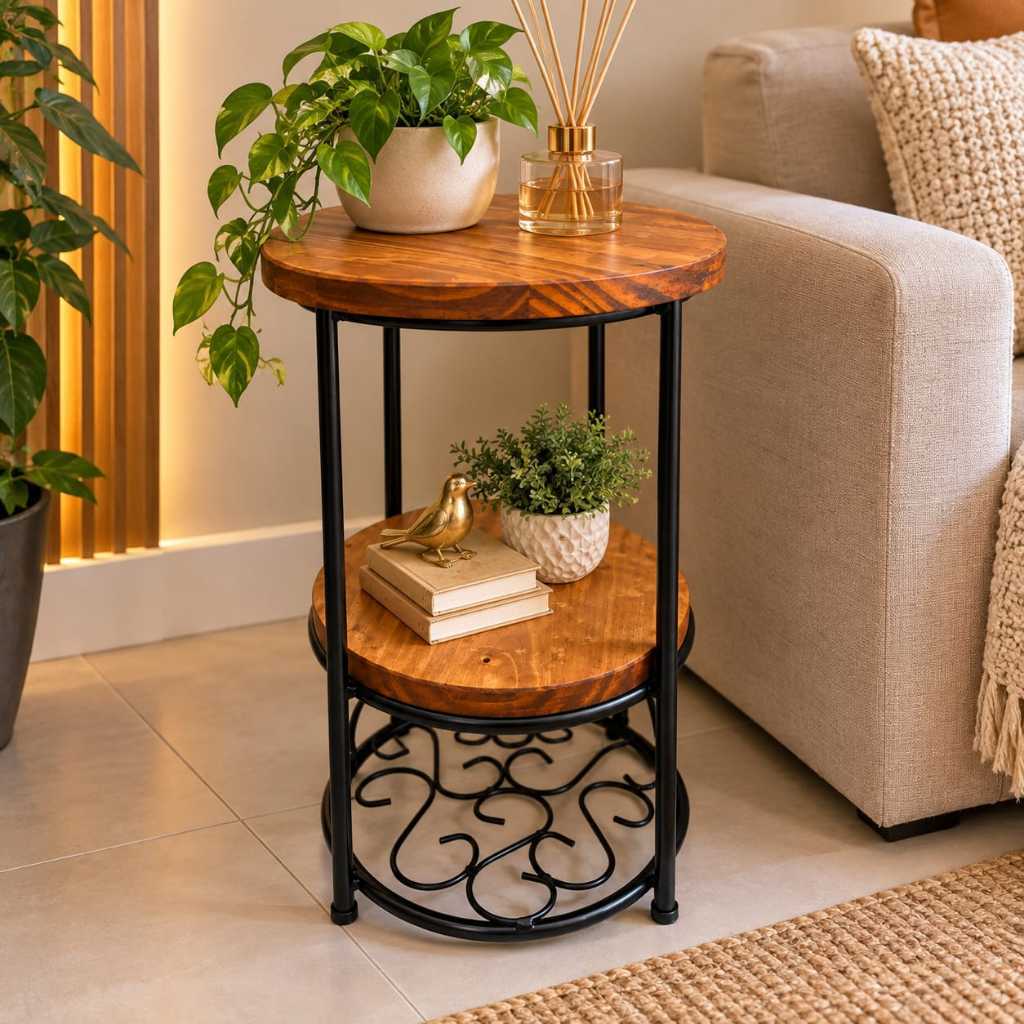 Mesa lateral redonda de madeira estrutura metálica decorativo para sala ...