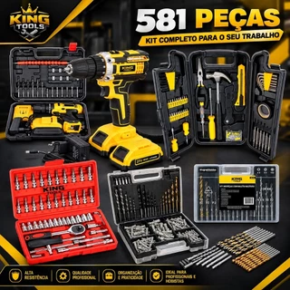 Kit Ferramentas 581 Peças + Parafusadeira 48V Sem Fio Completa + Jogo de Brocas Bits Soquetes 46 Peças Profissional