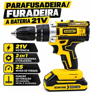 Parafusadeira E Furadeira Com Impacto A Bateria 21v Potente 2 em 1 Bomvink Torque 25 Níveis Bivolt 2026