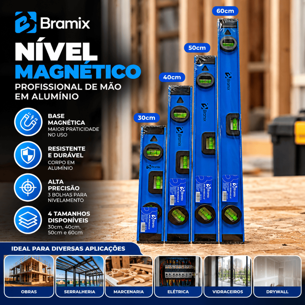 Nível Profissional de Mão Régua 30/40/50/60 Alumínio Magnetico Bolha Com Imã para Obras Reforma Construção