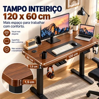 Mesa Elétrica Elevatória 120x60cm Com Tampo Ajuste de Altura Home Office 80kg