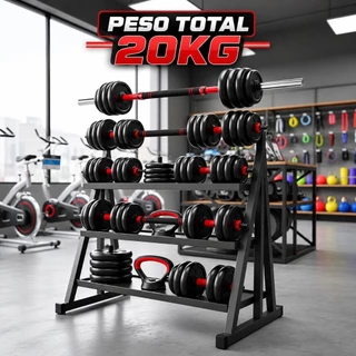 Kit Halteres Barra Anilhas 6 em 1 Musculação Kettlebell Ajustável Academia Até 20kg Fitness
