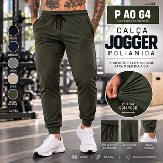 Calça Masculina Jogger Esportiva Bolso com Ziper Poliamida Casual Fitness