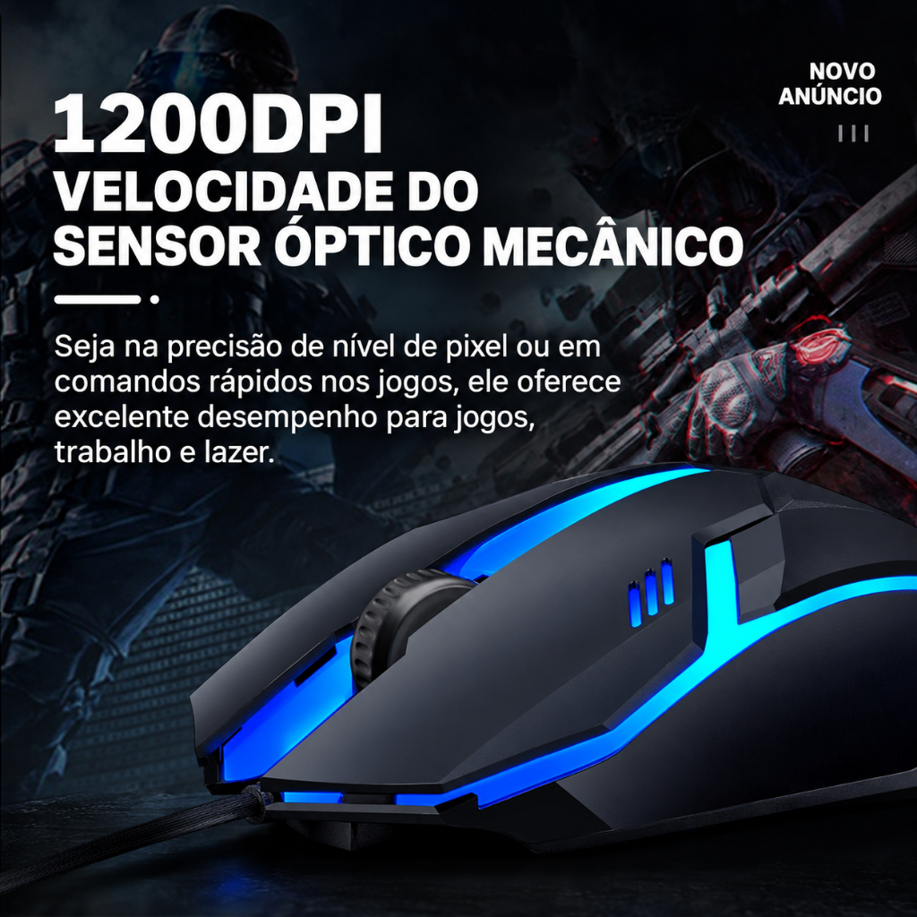 Mouse Gamer Óptico com Fio USB RGB 7 Cores, 1200 DPI, 4 Botões Compatível PC, Notebook, TV, Xbox, PlayStation, DVR, NVR
