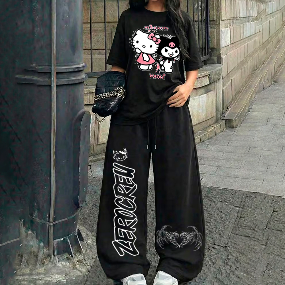 Kit Conjunto Camiseta e Calça Wide Leg Estampada Streetwear Hello