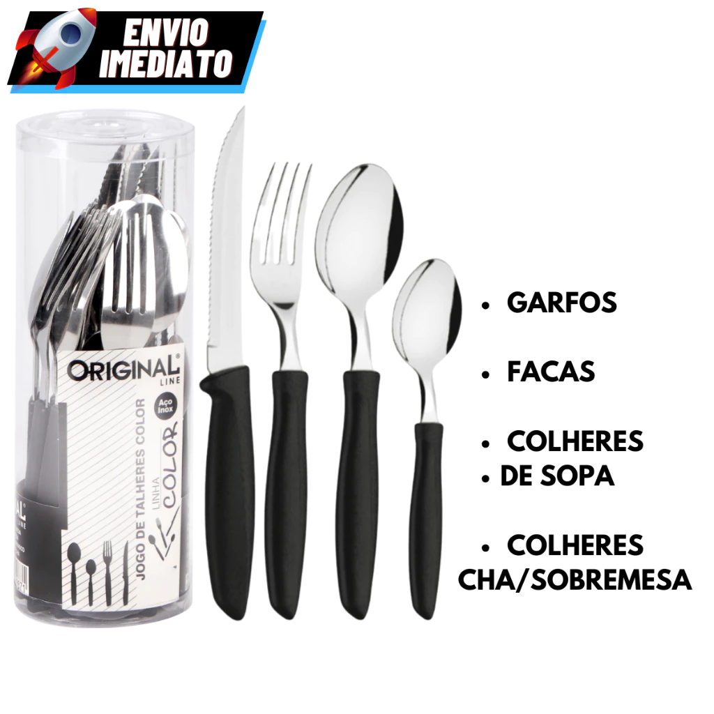 Kit 16 24 48 Talheres Preto Inox Premium Cabo Plástico Faca Garfo Colher Colher Sobremesa Cha