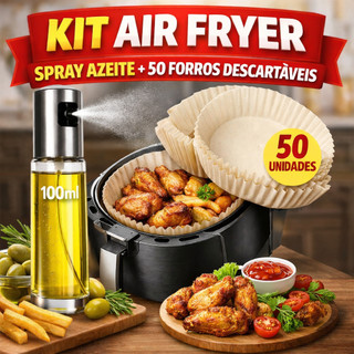 Kit Air Fryer Forma Descartável Forno Papel Manteiga 50 Un + Spray Azeite Borrifador Óleo Saladas
