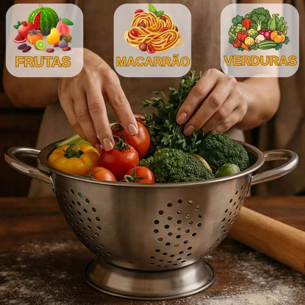 Escorredor de Macarrão Legumes Frutas Inox com Alças 23/24/28cm Peneira Cozinha Tigela Inoxidável Resistente - Imagem 4