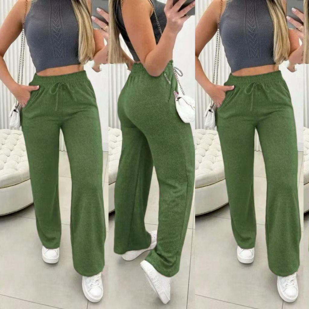 CALÇA FEMININA PANTALONA EN LANZINHA -Premium Com Bolsos e Cintura