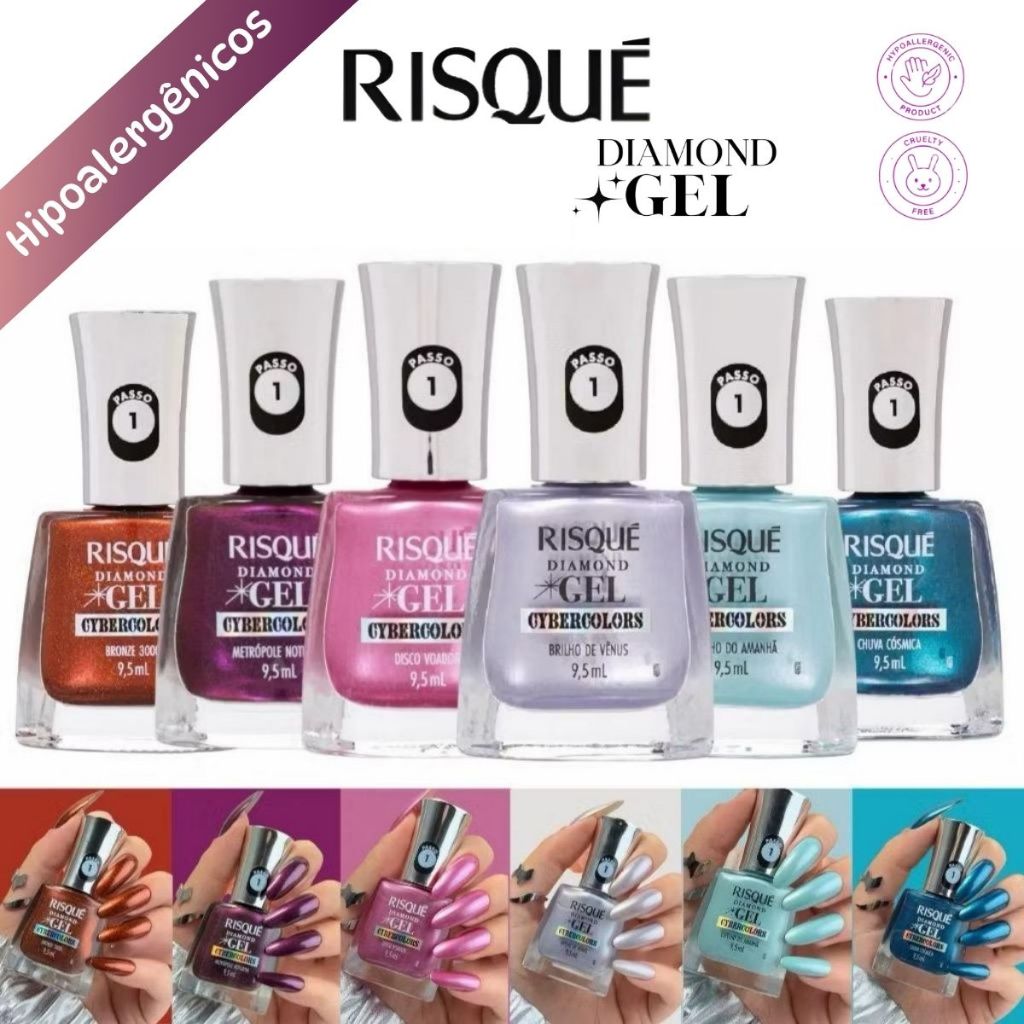 Kit 6 Esmaltes Risque Diamond Gel Cybercolor Nova Coleção ...