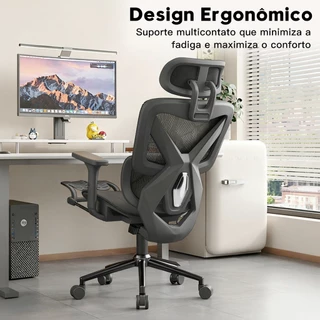 Cadeira de Escritório Ergonômica com Apoio para os Pés Braço 6D Ajustável Suporte Lombar Inclinação 135°Ajuste de Altura