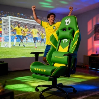 Cadeira Gamer Futebol Brasil Ergonômica 200kg Reclinável Apoio Pés Giratória Couro PU Computador PC
