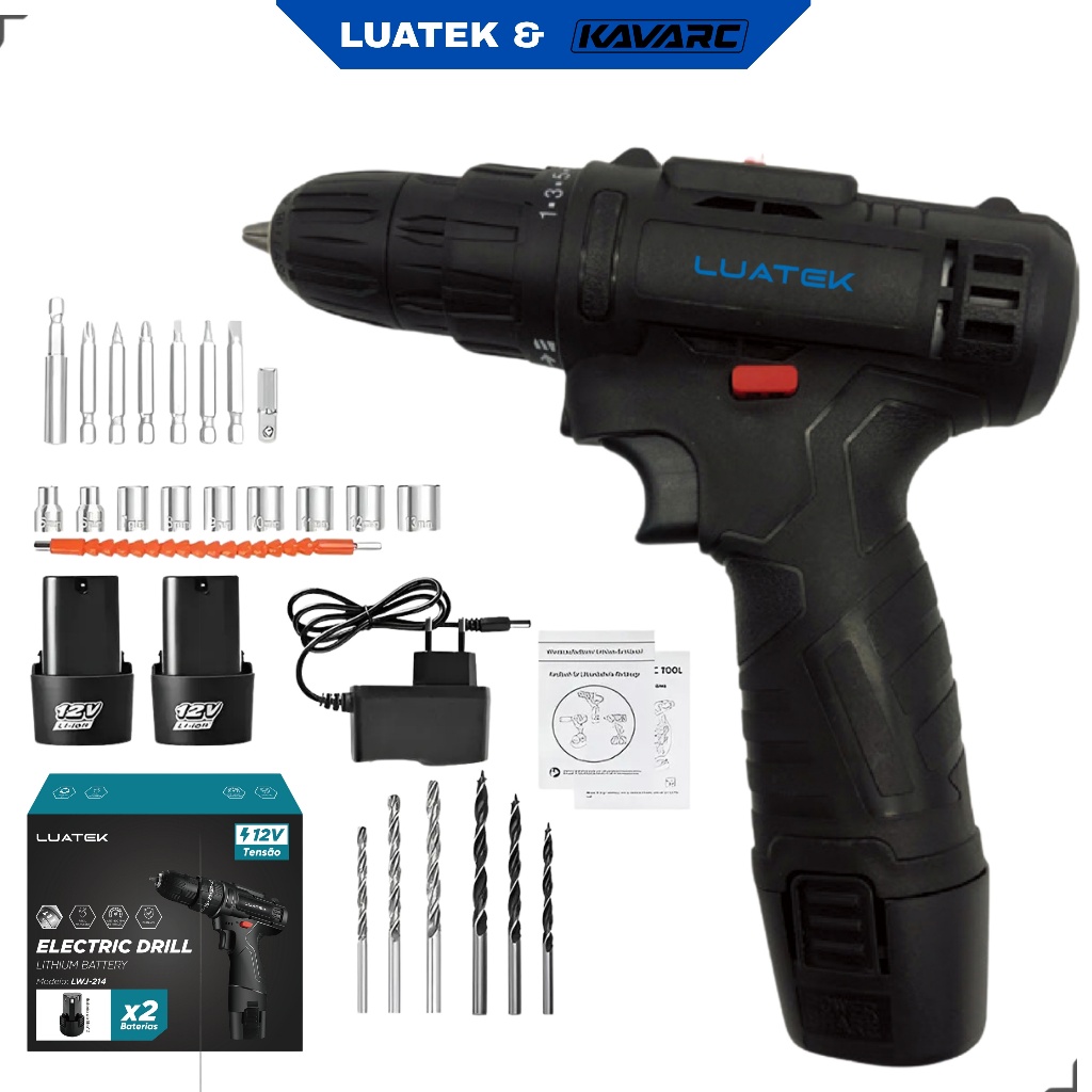 Parafusadeira e Furadeira 2 em 1 Com 2 Baterias 12v Recarregável Sem Fio-Luatek