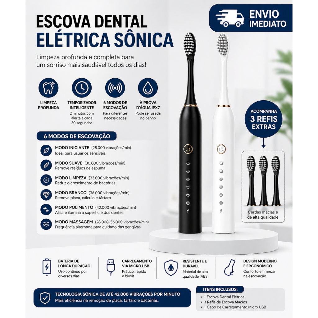 Escova de Dente Elétrica Recarregável com 6 Modos e 4 Refis | Shopee Brasil