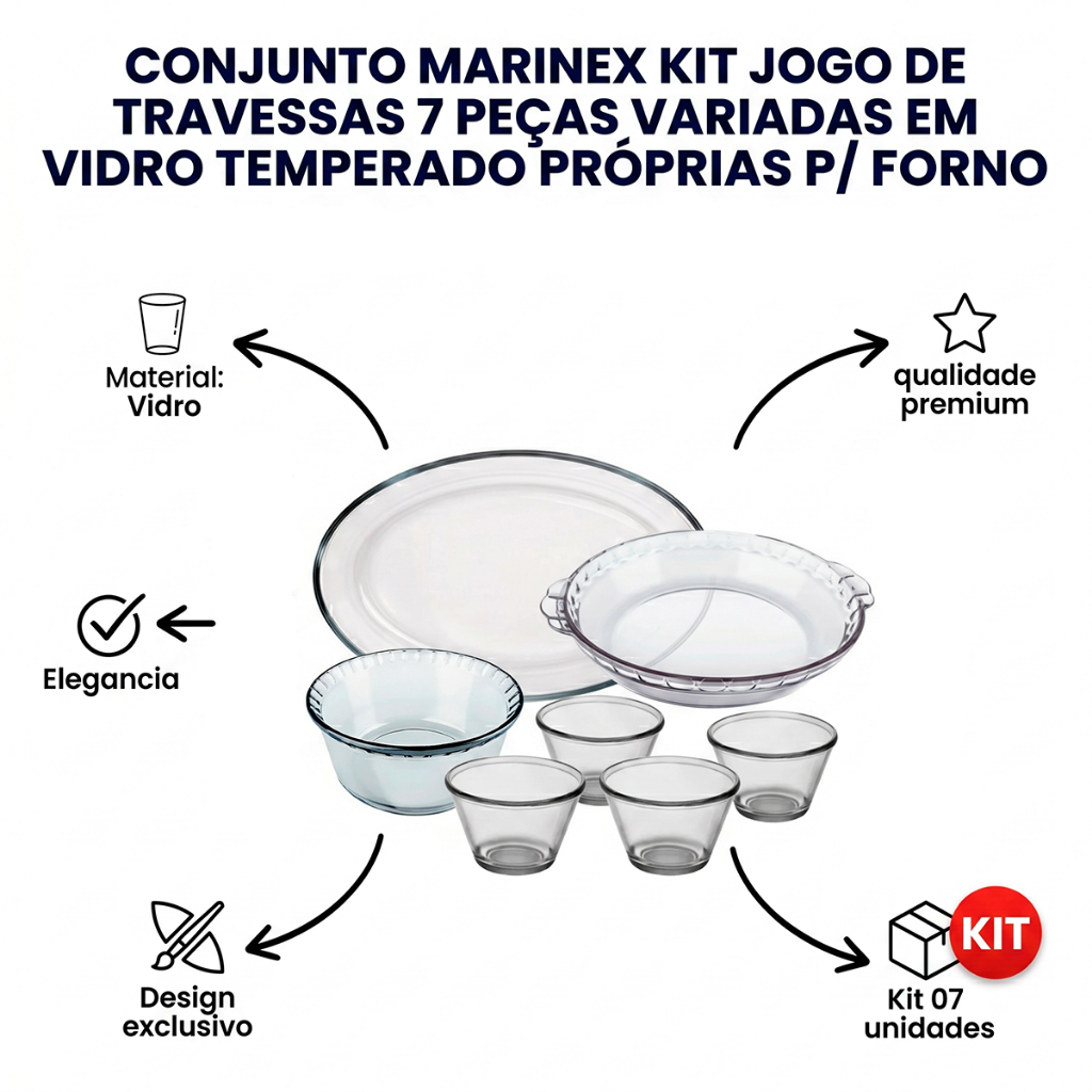 Conjunto Marinex KIt Jogo de Travessas 7 peças Variadas em Vidro