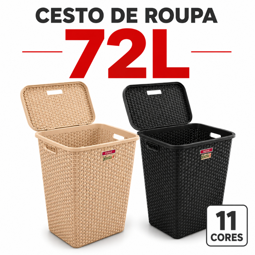 Cesto Roupa Suja 72L Rattan Grande com Tampa Organizador Lavanderia ...