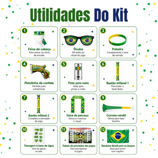 Kit Torcedor Copa do Mundo 2026 Brasil Futebol Bandeira Faixa Confete Corneta Oculos — foto 2 — Achou Levou Brasil