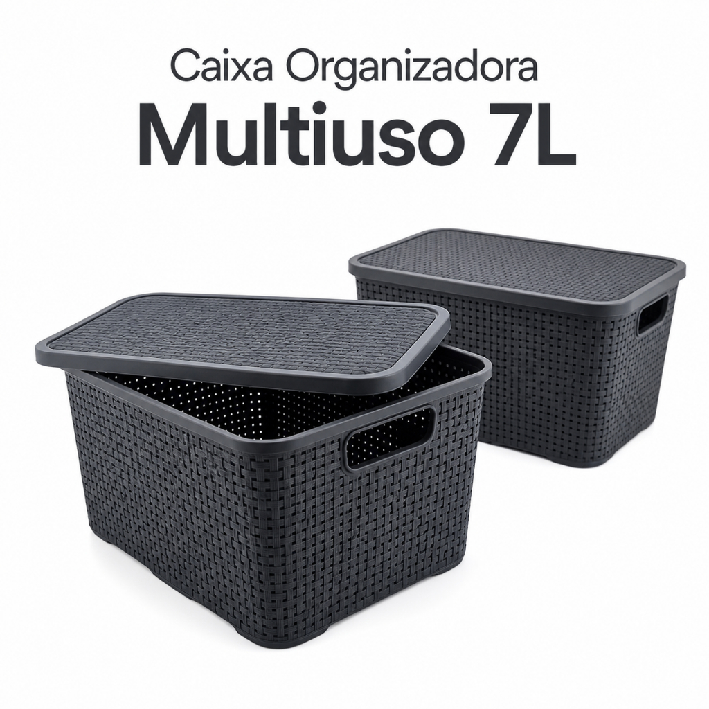 Kit Caixa Organizadora Rattan com Tampa 7 Litros Preto Praticidade para Sua Organização