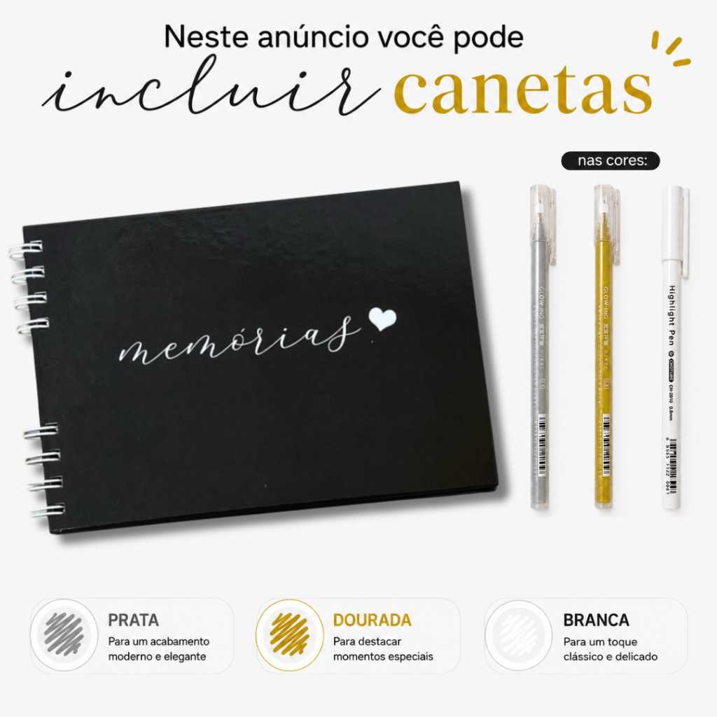 Caderno Scrapbook 15x21cm Preto Capa Dura Com Opção de Canetas de Gel | Álbum DIY Presente