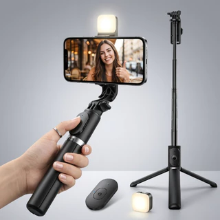 Tripé Selfie para Celular com Luz LED e Bluetooth, Bastão Ajustável Retrátil com Tripé Portátil e Controle Remoto, Compa