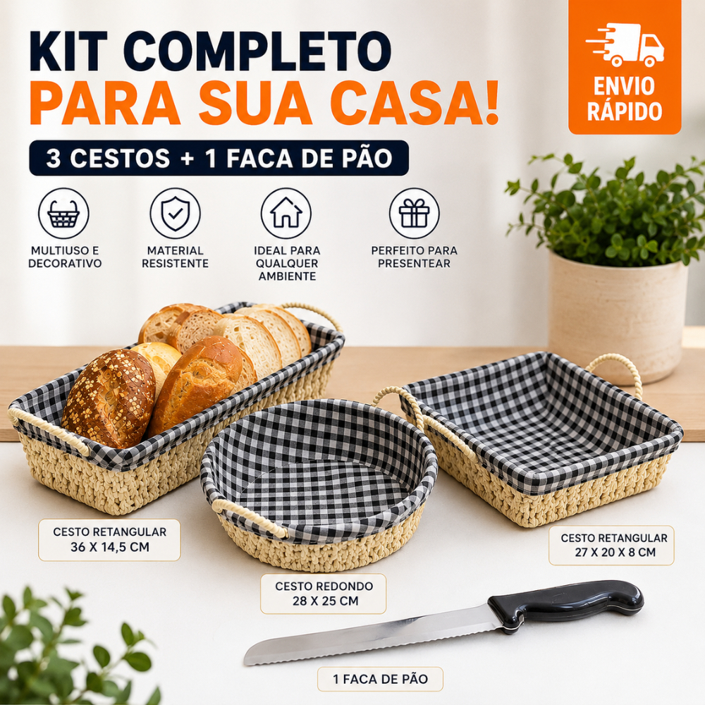 CESTOS DE PÃO COZINHA ORGANIZADOR BOLO KIT C/3 + FACA DE PAO