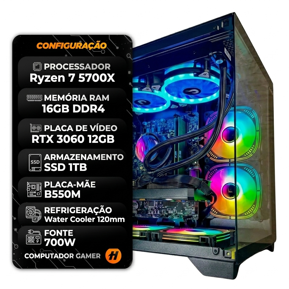 PC Gamer Ryzen 7 5700X B550M RTX 3050 6GB 16GB DDR4 NVME 1TB Water