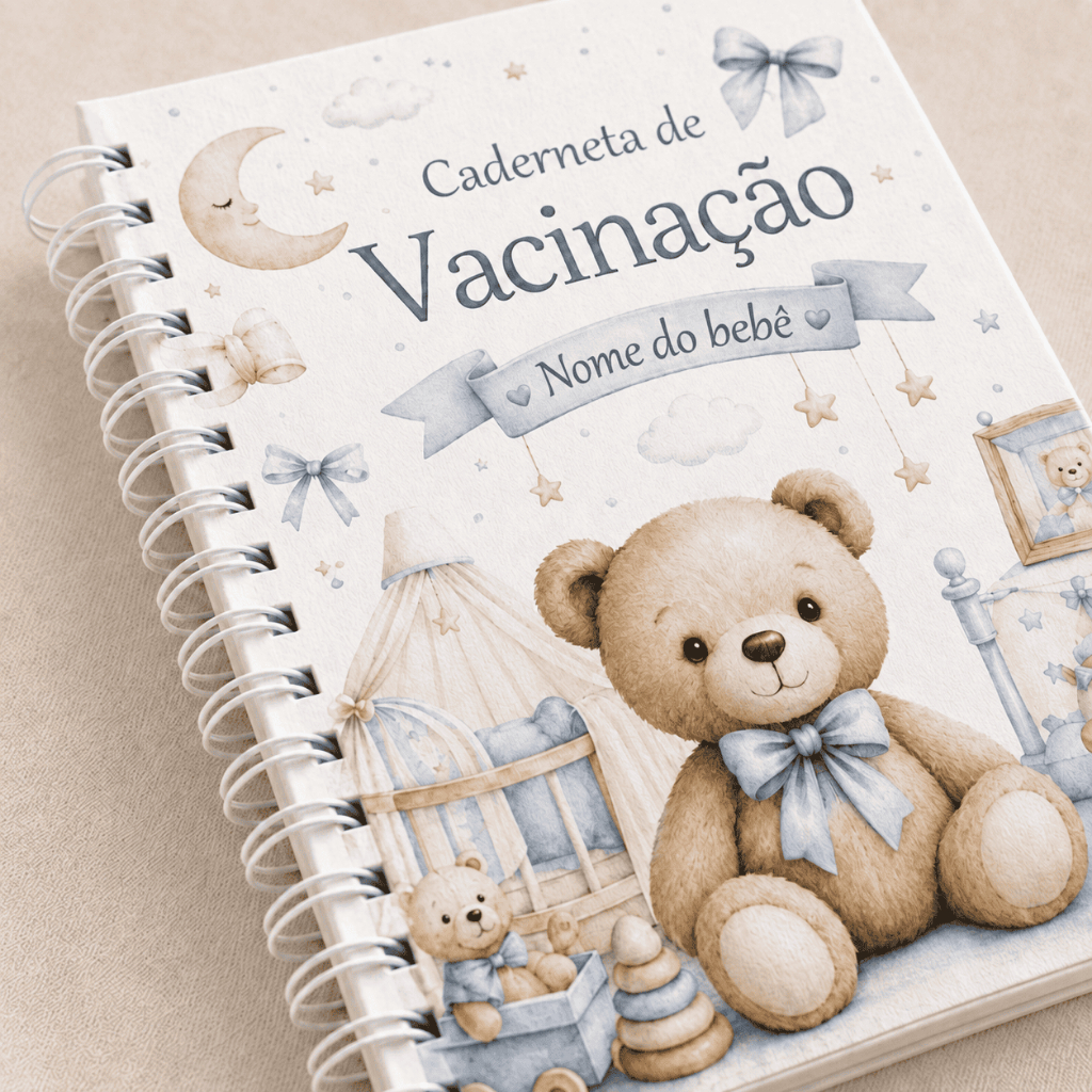 Caderneta de Vacinação do bebê Personalizada com Nome - Ursinho Azul Menino