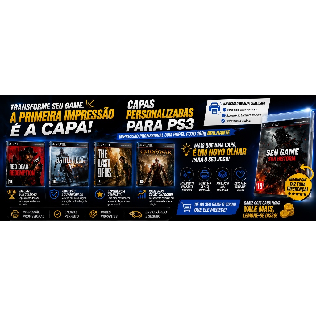 KIT 6 Capas PS3 🎮 Impressa em Papel Foto 180g Brilhante | Reposição - Tamanho exato para caixas PS3