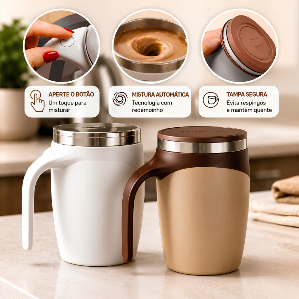 Caneca Misturadora Automática Recarregável 380ml Magnética Térmica