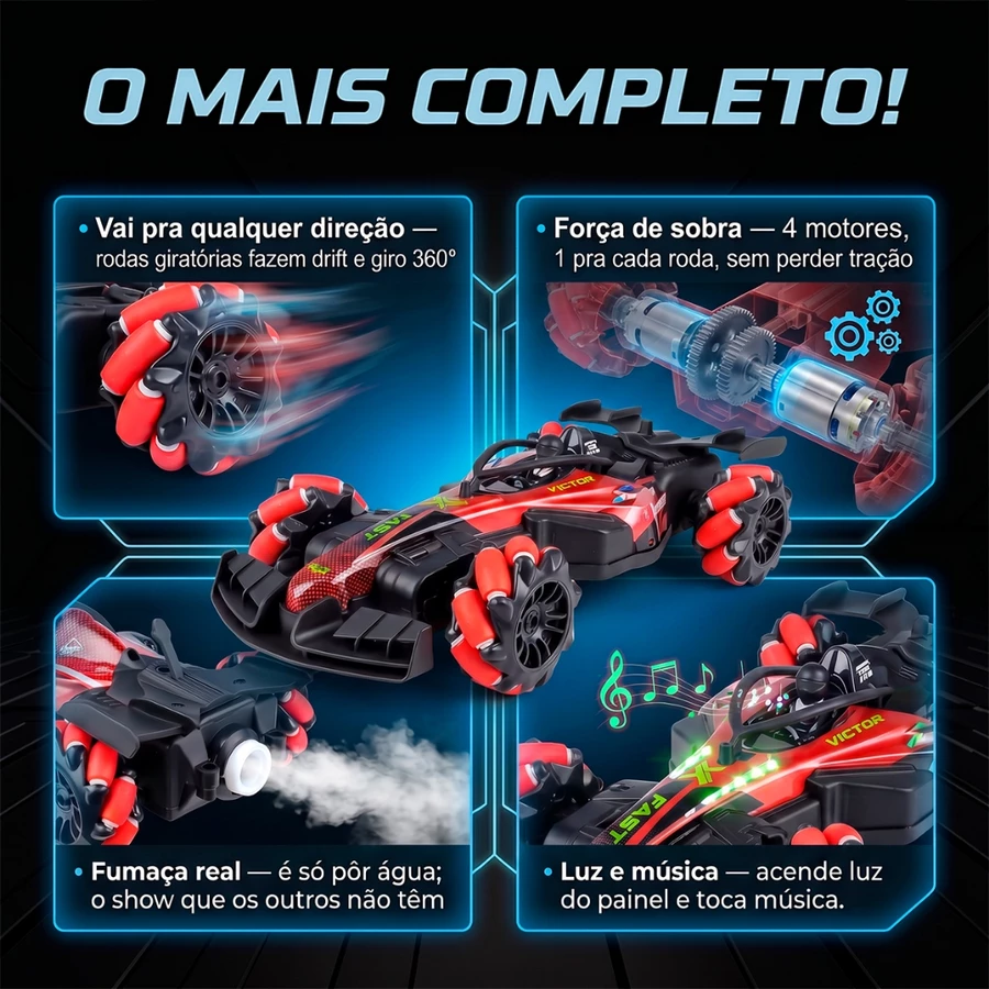 Carrinho Controle Remoto Drift Formula 1 Bateria Recarregável Solta Fumaça Som Brinquedo Infantil