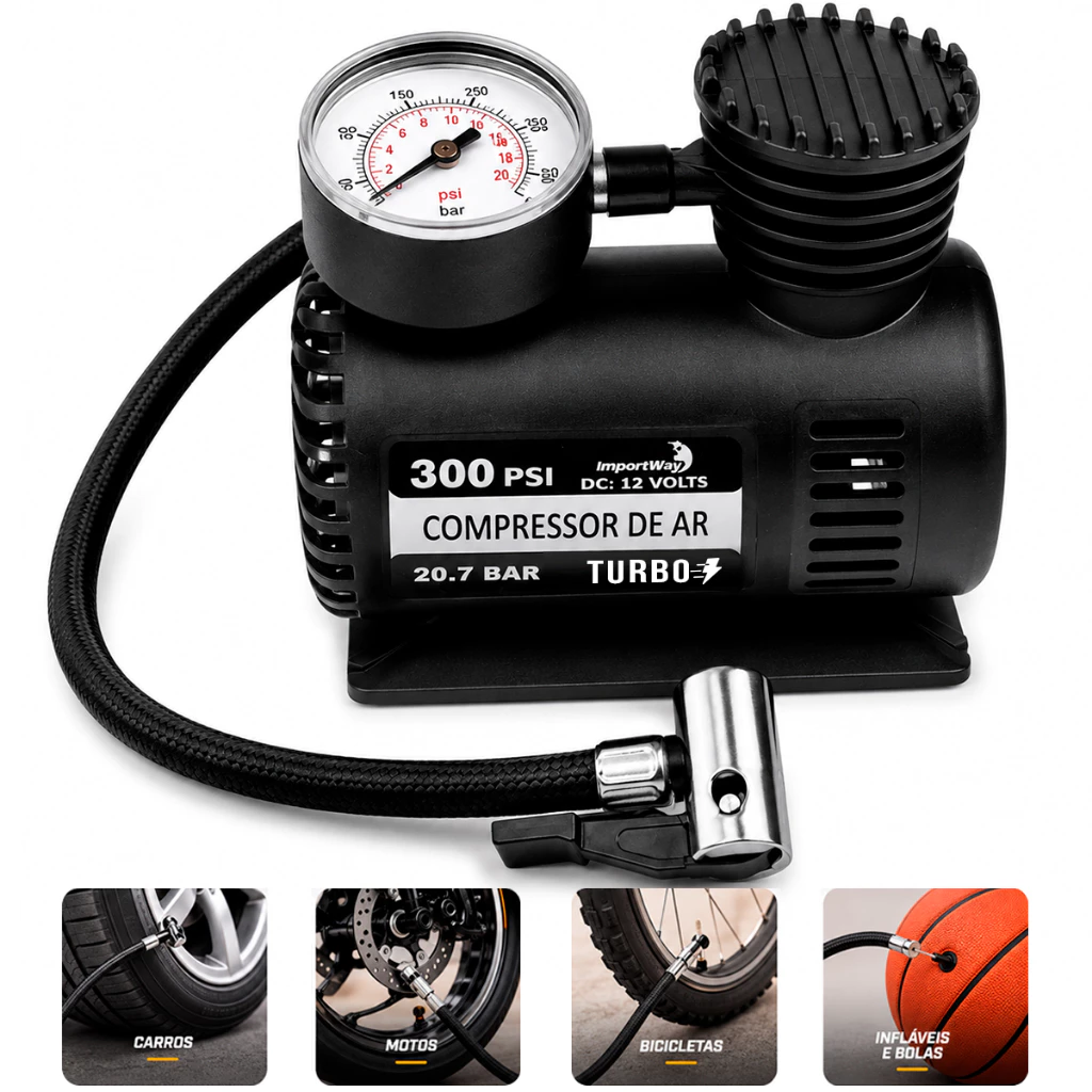 Mini Compressor Ar Automotivo Turbo 12v 300 Psi Para Pneu Carro Moto Bicicleta Colchão Bola Infláveis Com 2,80m Cabo