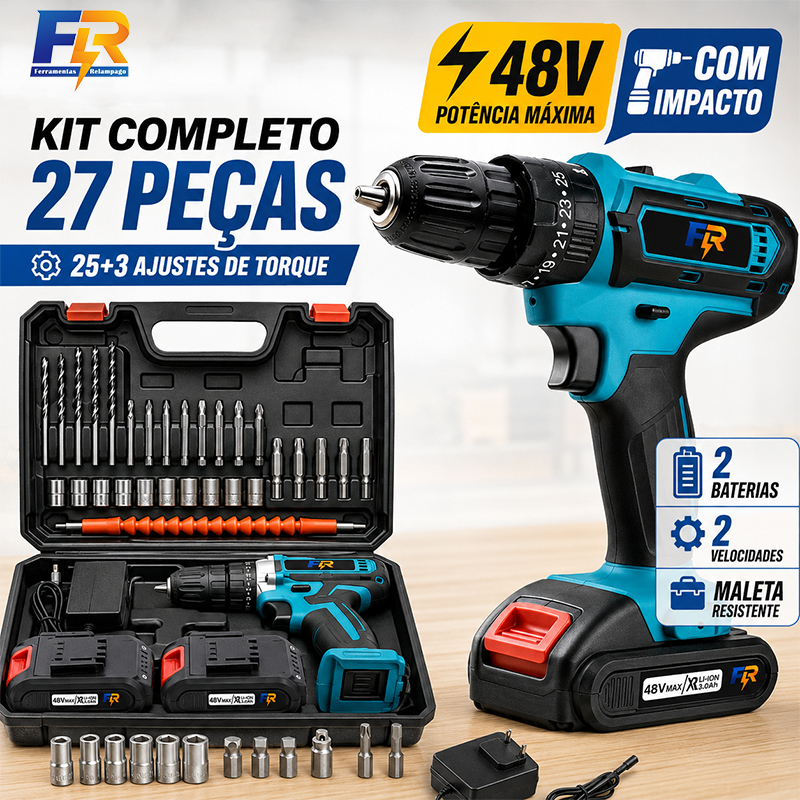 Parafusadeira Furadeira de Impacto Sem Fio 48V Kit Completo 27 Peças
