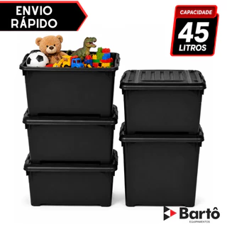 Kit 05 Caixas Organizadoras 45 Litros Multiuso Preta Com Trava Para Segurança