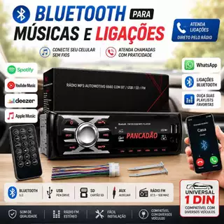 Rádio Som Automotivo Bluetooth MP3 Player 1 Din USB SD FM Aux Controle